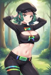 ai_generated arms_behind_head big_breasts civitai green_eyes green_hair large_breasts pokemon rocket_grunt