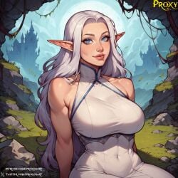 ai_generated big_breasts bimbo blue_eyes cleavage curvaceous curvy cute dress elf elf_ears elf_female fantasy female female_only large_breasts light-skinned_female light_skin moon moonlight pale-skinned_female pale_skin partially_clothed pool proxyaiart solo vaeri