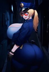 ai_generated alley blonde_hair crazy_eyes huge_ass huge_breasts night officer_val_(lubbasdump) police police_uniform red-tinted_eyewear sunglasses tinted_eyewear wide_hips