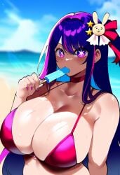 1 ahe_gao ai_generated beach blush girl hoshino_ai hoshino_ai_(generated) looking_at_viewer oshi_no_ko popsicle popsicle_in_mouth solo swimsuit swimwear thiccwithaq_(ai_style) upper_body