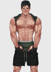 abs bara biceps big_bulge bulge male male_nipples male_only manly muscular_male naoki_(xhju8282) nipples pecs underwear