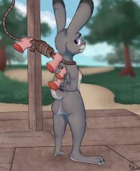 2022 3_toes 5_fingers anthro arms_tied ass biped blurred_background bound clenched_teeth cloud detailed_background disembodied_hand disney eyebrows feet female fingers flat_chested fur grass grey_body grey_fur hands_behind_back imminent_death imminent_hanging judy_hopps lagomorph leporid mammal mrs._stein nipples noose nude plant purple_eyes rabbit raised_inner_eyebrows scared signature sky snuff solo tail teeth toes trapdoor tree zootopia