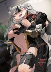 1boy 1girls andrew79358433 big big_breasts bite_mark bite_mark_on_shoulder blush boothill_(honkai:_star_rail) breasts_out cyborg dripping_cum earrings female gloves gray_hair grey_panties half_dressed hand_on_shoulder holding_breast honkai:_star_rail horny human kissing male metal_penis metallic_body nipples penis_between_thighs saliva sexy sharp_teeth smile smiling smirk standing standing_sex stelle_(honkai:_star_rail) sweating tears thigh_sex tongue_kiss tongue_out white_black_hair