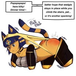 1furry 1girls animal_crossing ankha ankha_(animal_crossing) ass bitchsuit bitchsuit_wedgie black_eyes blank_eyes blank_stare blush cat_ears cat_tail catgirl commission english english_dialogue english_text female furry_ass furry_female furry_only humiliation hypnosis looking_away myquietalt_(artist) no_background spank_marks spanked spanked_butt spanking threat transparent_background wedgie wedgie_spanking word_balloon