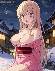 ai_generated anime_style blonde_hair breasts_out kimono lactation large_breasts ranwai red_eyes sakura-sou_no_pet_na_kanojo shiina_mashiro stable_diffusion