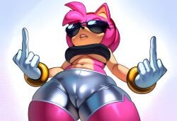 ai_generated amy_rose annoyed between_legs black_bra cameltoe female female_only fur furry grimace hi_res highres hotpants low-angle_view medium_breasts middle_finger novelai sega shiny_clothes short_shorts silver_shorts sneer sonic_(series) sonic_the_hedgehog_(series) sports_bra sunglasses thick_thighs tinted_eyewear underboob wallpaper wide_hips