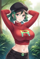 ai_generated arms_behind_head big_breasts civitai green_eyes green_hair large_breasts pokemon rocket_grunt