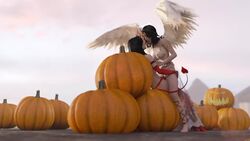 2girls 3d angel animated ashley_williams black_hair breasts cowgirl_position demon female large_breasts mass_effect miranda_lawson nipples no_sound orgasm pumpkin pussy sex_toy ssppp strap-on vaginal_insertion video wings yuri