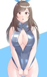 breasts brown_eyes brown_hair cleavage commentary_request competition_swimsuit covering_crotch covering_privates cowboy_shot female front_zipper_swimsuit grey_one-piece_swimsuit highres idolmaster idolmaster_shiny_colors large_breasts long_hair looking_at_viewer meme_attire one-piece_swimsuit solo swimsuit thames3 tsukioka_kogane turtleneck turtleneck_one-piece_swimsuit two-tone_background unzipped