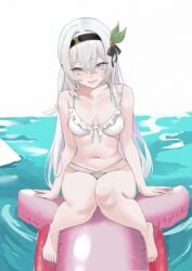 absurdres bare_shoulders barefoot bikini black_hairband black_ribbon female firefly_(honkai:_star_rail) grey_nails hair_ribbon hairband highres honkai:_star_rail honkai_(series) long_hair looking_at_viewer nail_polish navel pink_eyes ribbon sitting solo stomach swimsuit toenail_polish toenails very_long_hair white_background white_bikini white_hair yizi_(yizi_official)