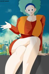 afro bitch blue_hair breasts bulma_(afro) bulma_briefs city crossed_legs dragon_ball dragon_ball_z female female_focus female_only female_pervert female_sub hair_ornament hooker large_breasts legs medium_hair miniskirt sexy_pose skirt sky solo submission