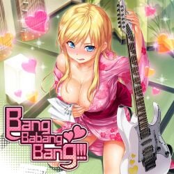 bare_legs bare_shoulders bare_thighs big_breasts blonde_hair blue_eyes blush breasts cleavage collarbone embarrassed female guitar hand_on_breast irodorimidori long_hair official_art ogata_aliciana open_mouth shiny_skin sweat sweaty_body tatami thighs yukata