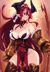 1girls 2d ai_generated big_breasts cleavage disgaea disgaea_7 dragon_horns gauntlets higan_zesshosai horn horns long_hair ponytail red_eyes solo tagme thighs