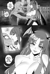 1boy 1girls big_breasts blush bodysuit breasts capcom cheating cheating_boyfriend cleavage comic crossover crossover_pairing crossover_shipping darkstalkers eastern_and_western_character english_text female greyscale head_wings hetero highres huge_breasts inviting large_breasts lipstick male marvel marvel_comics marvel_vs._capcom monochrome morrigan_aensland peter_parker ryuukusnpaiarts smile spider-man spider-man_(series) succubus sweatdrop text_bubble wings