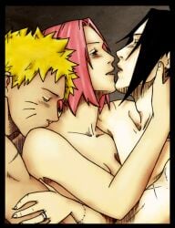 1girls 2boys black_hair blonde_hair closed_eyes female hugging hugging_from_behind kissing_shoulder male male/female male/female/male naruto naruto_(series) naruto_shippuden nude open_mouth passionate pink_hair sakura_haruno sandwich_position sandwiched sasuke_uchiha team_7 threesome trio uzumaki_naruto yellow_hair