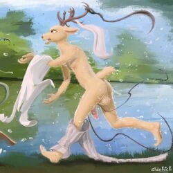 1:1 2024 5_fingers anthro antlers ass backsack balls beastars black_nose bottomwear bottomwear_around_one_leg bottomwear_down brown_body brown_fur cervine clothing clothing_around_one_leg deer feet fingers fur genitals hi_res horn humanoid_feet humanoid_hands lake louis_(beastars) male mammal mostly_nude mostly_nude_anthro mostly_nude_male nature outdoor_nudity outside pants pants_around_one_leg plantigrade public public_nudity red_deer running sidekick signature solo water wet wet_body wet_fur