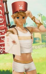 1boy 1femboy blonde_hair blue_eyes elf elf_femboy elf_male femboy fugtrup letter link looking_at_viewer mail midriff postman_link short_shorts slim_waist tagme the_legend_of_zelda