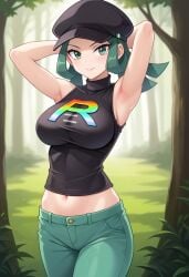 ai_generated arms_behind_head big_breasts black_shirt civitai green_eyes green_hair green_pants large_breasts pokemon rocket_grunt