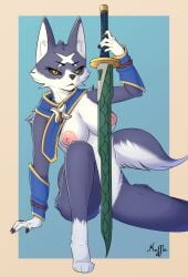 anthro areola big_breasts breasts canid canine canis canyne capcom dark_sclera female foxy_concept fur hi_res looking_at_viewer mammal melee_weapon monster_hunter nipples palamute pink_nipples puffy_areola simple_background solo sword tail weapon white_body white_fur yellow_eyes