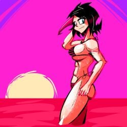 1girls abs big_breasts bikini black_hair blackwidow_apocalypse blue_eyes breasts female_only fit fit_female izzy_fisher official official_art official_artist pink_hair_female striped_bikini sunset thick_thighs thighs webcomic webtoon