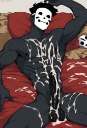 abs ai_generated balls bara biceps big_balls big_penis cum cum_covered cum_on_body cum_on_face dash_(derpixon) gay ilovementits lying lying_on_bed male male_only manly mime_and_dash muscular pecs penis pleasure_face thighs yaoi