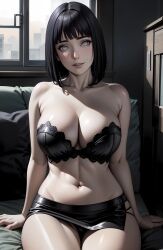 1girls ai_generated aiartfactory belly_button black_bra black_hair hyuuga_hinata large_breasts latex_clothing light-skinned_female light_skin looking_at_viewer midriff miniskirt naruto naruto_(series) naruto_shippuden navel pillow white_eyes window