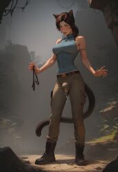 1futa ai_generated bulge bulge_through_clothing cat_ears cat_tail clothed clothing cum dalan063 furry futanari lara_croft lara_croft_(survivor) tomb_raider tomb_raider_(survivor) transformation