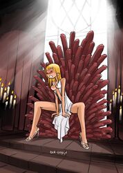 1girls au_(artist) blonde_hair boli-blog dildo dildo_sitting dress erect_nipples female_only game_of_thrones high_heels long_dress masturbation nipple_bulge nipples nipples_visible_through_clothing open_clothes open_dress open_toe_shoes plunging_neckline