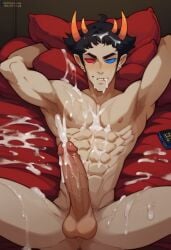 abs ai_generated balls bara biceps big_balls big_penis cum cum_covered cum_on_body cum_on_face gay homestuck ilovementits lying lying_on_bed male male_only muscular pecs penis pleasure_face sollux_captor thighs yaoi