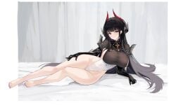absurdres alvitr_(azur_lane) armlet ass_visible_through_thighs azur_lane bare_legs barefoot black_collar black_gloves black_hair blunt_bangs breasts closed_mouth collar covered_navel elbow_gloves feet female full_body gloves gradient_horns hair_horns hand_on_own_thigh highleg highleg_leotard highres horn_ornament horns large_breasts legs leotard long_hair looking_at_viewer lying multicolored_horns nail_polish on_side red_eyes sideboob smile solo suo_bu_ye_feng taut_leotard thick_thighs thigh_gap thighs toenail_polish toenails toes two-tone_leotard very_long_hair