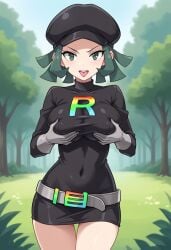 ai_generated arms_on_breasts belt big_breasts breast_grab civitai gloves grabbing_own_breast green_eyes green_hair large_breasts pokemon rocket_grunt tongue_out