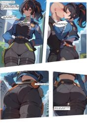 1boy 1girls ai_generated ass ass big_ass big_breasts big_butt black_hair blush color english_text female hi_res kissing kissing large_breasts light-skinned_female light_skin long_hair looking_at_viewer male male/female mihoyo police police_uniform policewoman red_eyes santaclausai tagme text text_bubble thick_thighs zenless_zone_zero zhu_yuan