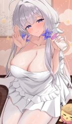 1animal 1girls absurdres apron apron_lift azur_lane baby_bottle bare_shoulders bottle breasts chest_of_drawers cleavage clothes_lift dress female flower hair_flower hair_ornament highres holding holding_bottle illustrious_(azur_lane) illustrious_(our_private_"study"_session)_(azur_lane) kuon_(kuon) large_breasts light-skinned_female light_skin manjuu_(azur_lane) milk milk_bottle off-shoulder_dress off_shoulder official_alternate_costume pantyhose purple_eyes royal_navy_(azur_lane) royal_navy_emblem_(azur_lane) seiza sitting tri_tails unworn_legwear white_dress white_hair white_pantyhose