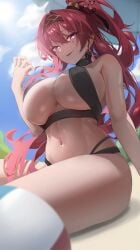 arm_support arms_at_sides beach beach_ball bikini black_bikini choker criss-cross_halter kuro_torie large_breasts low-angle_view multi-strapped_bikini one_arm_up smile thick_thighs wide_hips wuthering_waves yinlin_(wuthering_waves)