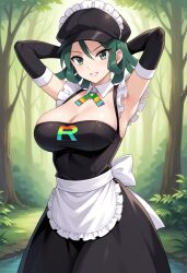 ai_generated arms_behind_head big_breasts civitai green_eyes green_hair large_breasts maid maid_uniform pokemon rocket_grunt