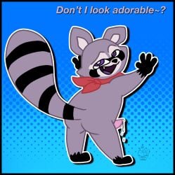 anthro anthropomorphic asking_for_it asking_for_sex asking_viewer begging_for_sex black_feet black_fur black_hands blue_background dots fur furry_tail grey_fur grey_tail imminent_anal imminent_sex indigo_park mammal mammal_humanoid muffinlewds purple_eyes question_mark questioning raccoon rambley_(indigo_park) rambley_raccoon red_bandana red_bandanna rizz round_ass round_butt small_ass small_butt spots striped_tail tagme tan_fur