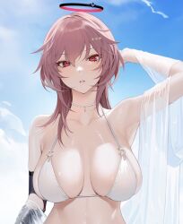 1girls absurd_res absurdres adult arm_behind_head arm_up armpits azur_lane_ bare_armpits bare_arms bare_belly bare_chest bare_midriff bare_shoulders bare_skin belly bikini bikini_top black_halo blue_sky breasts breedable cleavage clouds collarbone covered_areola covered_areolae covered_breasts covered_nipples day daylight daytime dot_nose dripping_wet duca_degli_abruzzi_(azur_lane) elbows exposed exposed_armpits exposed_arms exposed_belly exposed_midriff exposed_shoulders eyebrows_visible_through_hair female female_focus female_only hair_between_eyes hair_ornament half_naked halo hand_behind_head hand_up head_tilt high_resolution highres large_breasts light-skinned_female light_skin lips long_hair looking_at_viewer mechanical_arm naked naked_female nude nude_female ohisashiburi outdoor outdoors outside parted_lips pink_eyebrows pink_hair pink_hair_female red_eyes red_eyes_female red_halo shoulders simple_background sky slender_body slender_waist slim_girl slim_waist solo standing string_bikini swimsuit swimwear thin_waist tilted_head upper_body veil wet wet_belly wet_body wet_breasts wet_face wet_hair wet_skin white_bikini white_bikini_top white_string_bikini white_swimsuit white_swimwear white_veil