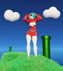 1girls 3d 3d_(artwork) arms_up breasts breasts_out day female female_only fossil3d light-skinned_female light_skin mario_(series) nintendo open_clothes pussy pussy_peek shy_gal shy_gal_red solo tagme warp_pipe