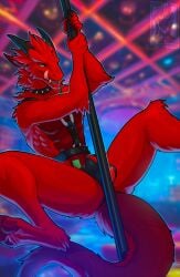 anthro balls_outline black_claws black_horn bulge claws clothing dancing detailed_bulge dragon fur furred_dragon furred_scalie genital_outline hi_res horn male male_only morrogh mythological_creature mythological_scalie mythology neverneverland pawpads pole pole_dancing prostitution red_body red_fur red_pawpads scalie solo solo_male underwear