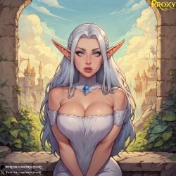 ai_generated ass big_breasts bimbo blue_eyes cleavage curvaceous curvy cute dress elf elf_ears elf_female fantasy female female_only large_ass large_breasts light-skinned_female light_skin moon moonlight pale-skinned_female pale_skin partially_clothed pool proxyaiart solo vaeri