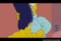 all_fours animated blowbang blue_hair clothing drawn-hentai fellatio female handsfree_ejaculation homer_simpson marge_simpson mp4 oral oral_sex sloppy sound the_simpsons video