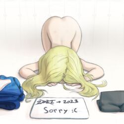2025 all_fours apologizing arched_back ass bent_over blonde_hair bowing completely_nude dogeza doggy_style female flat_chest long_hair no_panties non-web_source nude original pet punishment slave solo source_request thighhighs thighs top-down_bottom-up unworn_clothes white_background