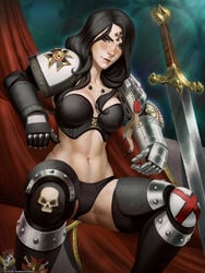 1girls adeptus_astartes armor black_carapace black_hair black_templars blue_eyes breasts cleavage deathwatch female female_only female_space_marine forehead_mark imperium_of_man long_hair midriff panties pauldrons purity_seal rule_63 sci-fi science_fiction scifi solo solo_female space_marine sword tagme themaestronoob warhammer_(franchise) warhammer_40k weapon