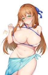 areola_slip areolae bad_id bad_pixiv_id bikini blue_ribbon blush breasts brown_hair collarbone female girls'_frontline green_eyes groin hair_ribbon hand_up highres large_breasts long_hair looking_at_viewer navel nipple_slip nipples o-ring o-ring_bikini o-ring_top ribbon romocha_(hosachi3784) see-through simple_background smile solo springfield_(girls'_frontline) sweatdrop swimsuit white_background