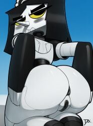 2025 annoyed_expression anus ass_focus black_hair blush commission digital_media_(artwork) hands_behind_back hands_on_ass large_ass maid_uniform mrdoccon on_knees pointy_nose pussy robot robot_girl robot_joints signature simple_background solo_focus squished_ass white_body yellow_eyes