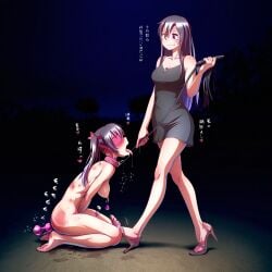 2girls ai_generated black_dress blindfold bruise buttplug clothed_female_nude_female collar domination dress drooling femdom heart humiliation leash long_hair masochism masturbating nipple_piercing pink_collar saliva saliva_trail smile tongue tongue_out twintails vibrator whip_marks yuri