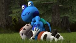 2boys amphibian animal_crossing black_markings blue_body blue_nipples blue_penis blue_skin blue_spots brown_hair bullfrog chubby chubby_anthro chubby_male closed_eyes completely_naked completely_nude completely_nude_male dark_blue_skin duo equid equine equine_genitalia equine_penis exhibitionism frog hand_on_thigh horse horse_ears horse_penis horsecock jeremiah_(animal_crossing) male_only naked nude okapi outside papi_(animal_crossing) penis_on_ass preparation round_thighs shortstack shortstack_femboy sitting_on_person spotted_body squiggle_mouth thick_thighs trees white_markings