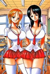 2girls accuratemanga ai_generated arms_behind_back big_breasts black_hair blue_eyes classroom cleavage female female_only ginger ginger_female ginger_hair hourglass_figure long_hair mature_female nami_(one_piece) nico_robin one_piece panties_visible_under_skirt school school_uniform schoolgirl schoolgirl_uniform short_skirt stockings thighhighs tie upskirt