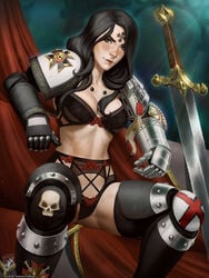 adeptus_astartes armor black_carapace black_hair black_templars blue_eyes bra breasts cleavage deathwatch female female_only female_space_marine forehead_mark imperium_of_man lingerie long_hair midriff panties pauldrons purity_seal rule_63 sci-fi science_fiction scifi solo solo_female space_marine sword themaestronoob warhammer_(franchise) warhammer_40k weapon