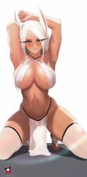 1girls alternate_costume animal_ears armlet armpits arms_behind_head arms_up aroused athletic_female bare_shoulders belly_dancer blue_gemstone bocas_top body_jewelry boku_no_hero_academia bracelet breasts bunny_ears cleavage commentary dancer dancer_outfit dark-skinned_female dark_skin english_commentary female female_only fit_female gem gold_choker grin harem_outfit highres jewelry kemonomimi kneeling large_breasts lingerie loincloth long_eyelashes long_hair looking_at_viewer mature_female midriff mirko miruko muscular muscular_female my_hero_academia navel parted_bangs pelvic_curtain rabbit_ears rabbit_girl red_eyes revealing_clothes rumi_usagiyama see-through_silhouette simple_background slim_waist smile solo stomach tan_skin themaker thick_thighs thigh_gap thighs toned toned_female transparent_clothing very_long_hair white_background white_hair wide_hips